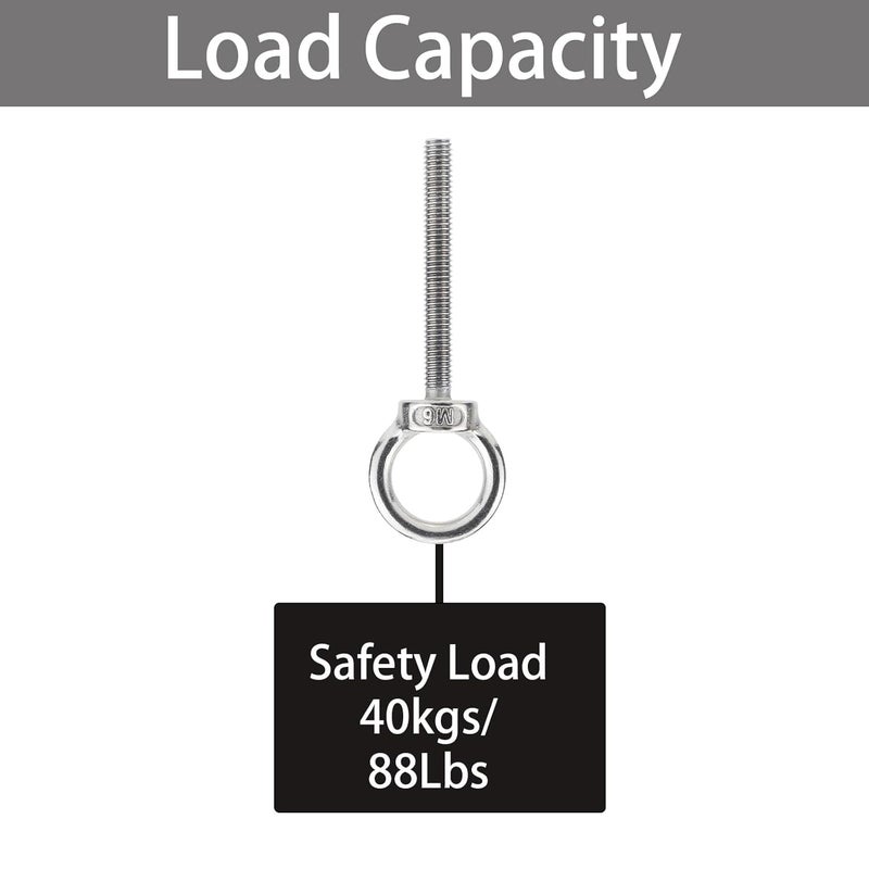 QWETRY M6 Stainless Steel Eye Bolts with Nuts Washer 4 Pack, M6 x 50mm(1/4" x 2 inch) Long Shoulder Lifting Eye Bolt for Swing Truck, Heavy Duty Threaded Eyebolts for Tie Down Outdoor Deck - Image 5